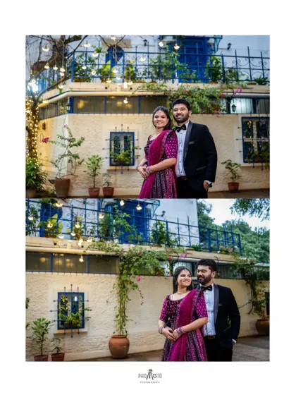 A collage showing the couple posing in a beautifully lit European-style courtyard.