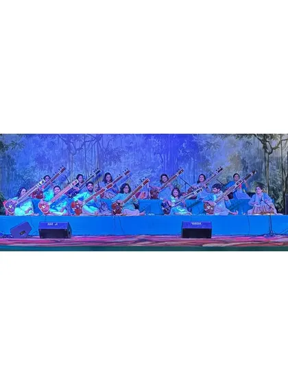 The Sitar Symphony on stage, bathed in blue light. This image captures the unity and synchronicity of the ensemble as they perform together.