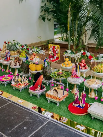 An elaborate display of 'baagina', traditional offerings for the Gauri Pooja ceremony.