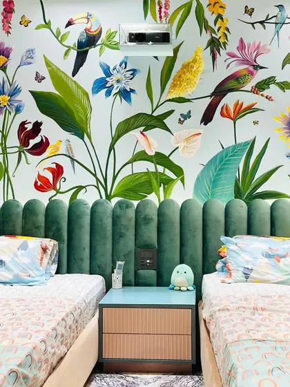 This summery tropical mural was a massive project that I'm so proud of. I used matte acrylics to bring this vibrant scene to life in a kids' bedroom, turning the entire wall into a piece of art.