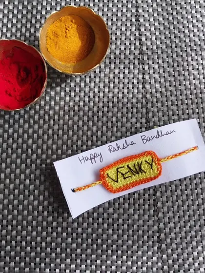 The finished 'Venky' name rakhi, ready to be sent out. These personalized rakhis are a bestseller every year.