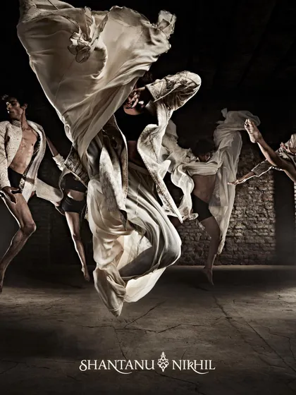 A powerful shot from the "Sway" campaign for designers Shantanu & Nikhil. The choreography focused on capturing the dynamic energy and fluidity of their garments, blending fashion with high-impact contemporary dance.
