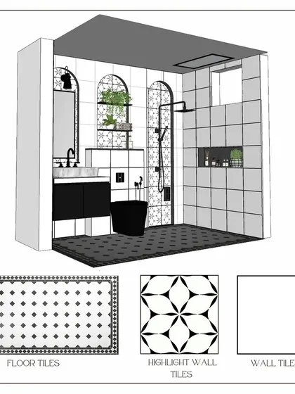 An isometric view showing the layout and tile selection for the modern black and white bathroom.