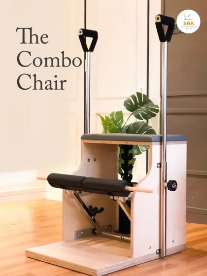 The Combo Chair, inspired by Joseph Pilates' original Wunda Chair, is designed to stretch and strengthen muscle groups not easily targeted by other equipment.