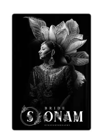 A creative black and white bridal portrait with a floral graphic overlay. This artistic design gives the photo a unique, magazine-cover quality.