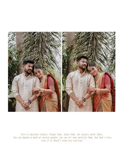 A diptych of a couple's portraits, with a quote about loyalty in love.