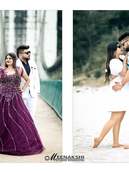 A collage showing two distinct looks from a pre-wedding shoot: a formal gown on a bridge and a casual, playful outfit on the beach. This demonstrates the variety we can achieve in a single session.