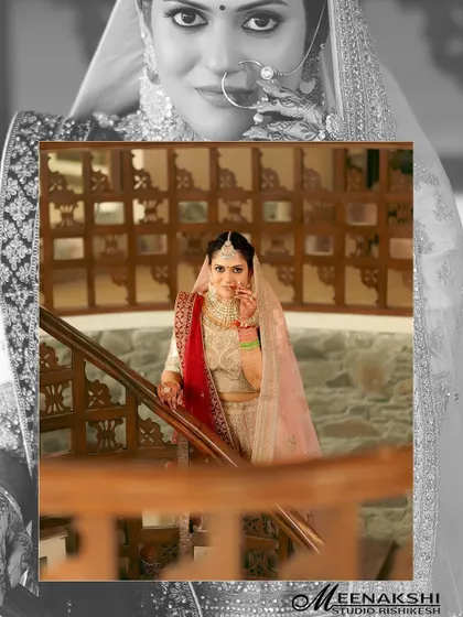 An artistic bridal portrait from a destination wedding in Rishikesh. The use of black and white with a central color photo creates a unique and memorable image.