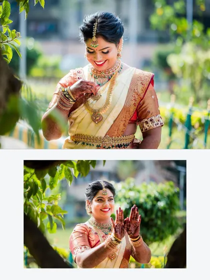 A collage of the bride in her beautiful off-white and red silk saree, framed by lush greenery.