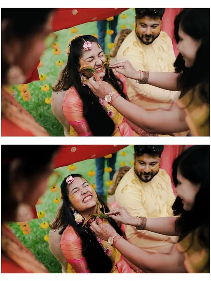 A duplicate of a collage showing the playful side of the Haldi ceremony, with friends and family joyfully applying turmeric to the happy bride.