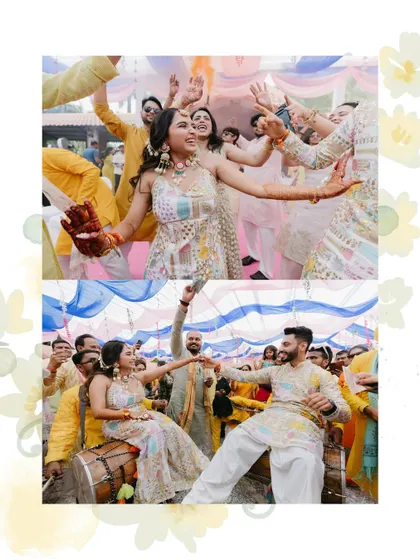 A collage of high-energy moments from a Haldi celebration, with the couple dancing and sitting on a dhol, fully immersed in the fun.
