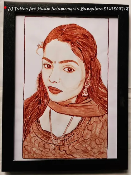 This close-up portrait of a woman, painted in blood, is rich in detail and expression. The artwork is a beautiful example of a solo commission, framed and ready to be cherished.