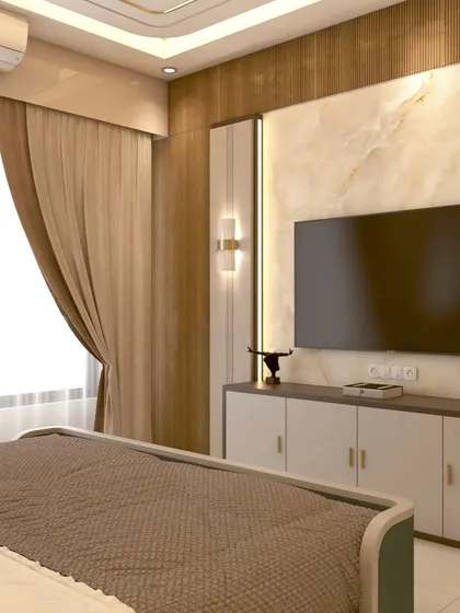 This 3D view shows the TV unit side of the bedroom. The combination of a marble-finish wall and wood-paneled accents creates a sophisticated and modern entertainment zone.