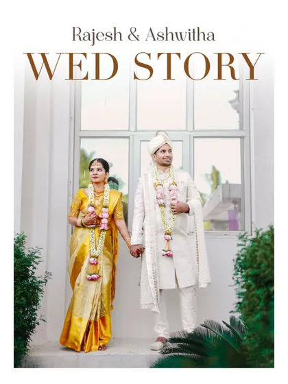 A poster-style image titled "Wed Story," a classic portrait of the couple holding hands after their ceremony.