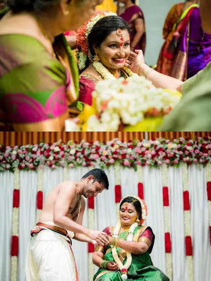 A collage showing the rituals of a baby shower, where the mother-to-be is blessed by family. We focus on the smiles and emotional exchanges.
