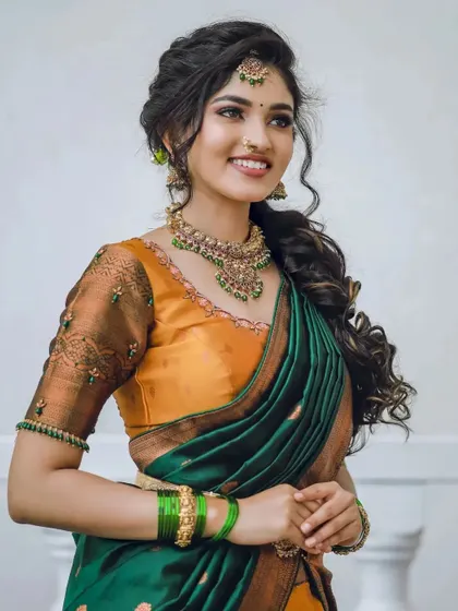 Another beautiful portrait in the mustard and green half-saree, showcasing its versatility for different poses and settings.