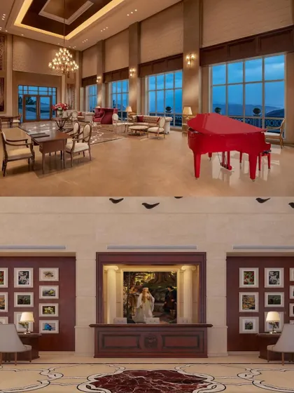 The grand lobby and reception area of ITC Tavleen, Chail. I designed these public spaces to create a powerful sense of arrival, using high ceilings, classical furniture, and a striking red piano to evoke a feeling of warmth and opulence.