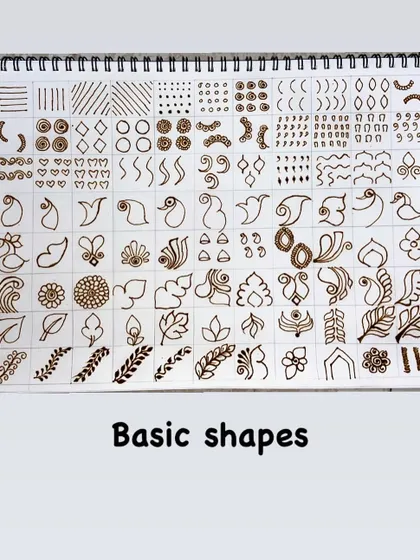These are the 'Basic shapes' that form the foundation of all mehandi art. Mastering these simple lines, curves, and swirls is key to creating complex and beautiful patterns.