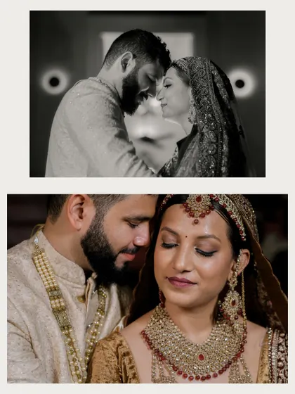 A diptych of intimate couple portraits, one in black and white and one in colour, both capturing a close and tender embrace.