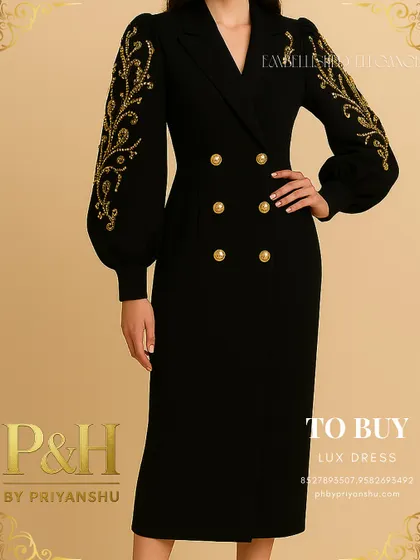 A close-up view of the black dress, highlighting the shimmering golden pearl embroidery on the sleeves. This shot emphasizes the contrast between the deep black fabric and the luxurious gold detailing.