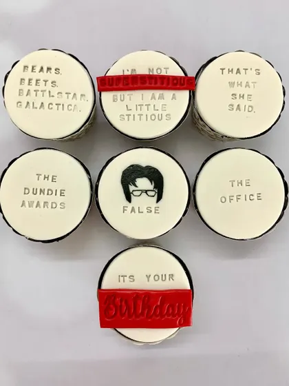 Bears. Beets. Battlestar Galactica. These custom cupcakes were a special order for a huge fan of 'The Office', featuring iconic quotes and Dwight's face. I love bringing your favorite pop culture moments to life in dessert form.