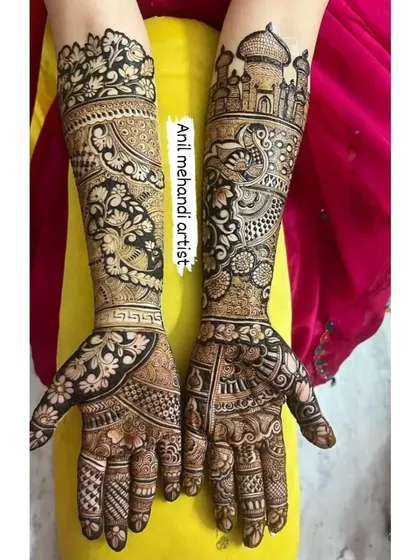 A stunning design featuring the Taj Mahal on one arm, a timeless symbol of love. The other arm has intricate peacock and floral artwork, creating a beautiful contrast.