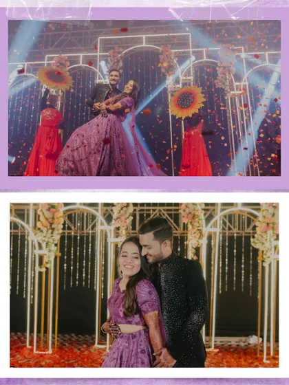 A collage showing the couple on their Sangeet stage, dancing and sharing a happy moment. It captures the fun and festive atmosphere of the event.