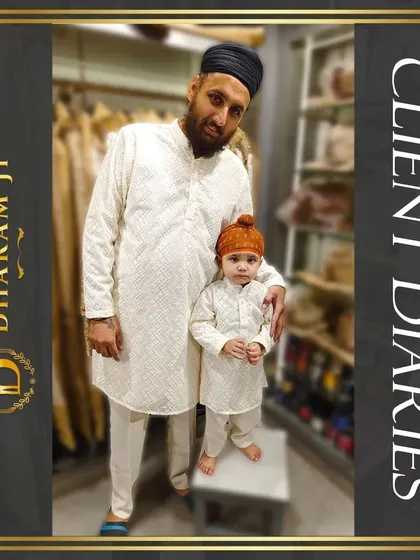 Creating matching outfits for fathers and sons is one of the most special things I do. These coordinated white kurta sets are all about making memories that last a lifetime.