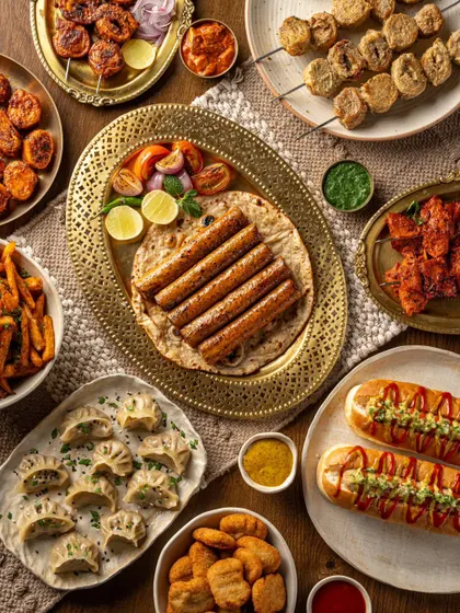 A full spread of plant-based products from Blue Tribe. This shot showcases the incredible variety of their offerings, from kebabs and momos to hot dogs and nuggets, proving that plant-based can be plentiful.