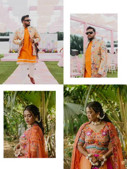 A collage of the bride and groom's individual portraits from their Haldi carnival. It showcases their vibrant, coordinated outfits and stylish poses.