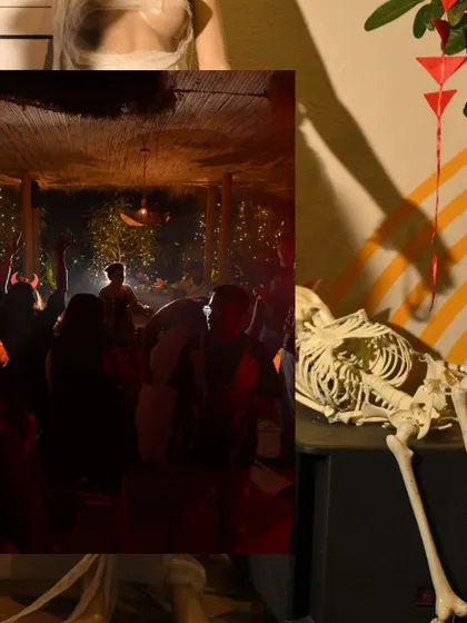 More scenes from a Halloween event I produced. A skeleton lounging on a speaker next to a packed dance floor shows the playful and spooky vibe we created. It's all about the details.