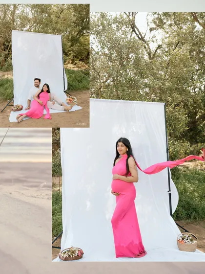 A vibrant pop of pink against a simple outdoor backdrop. This collage shows both a solo portrait and a behind-the-scenes peek with her partner.