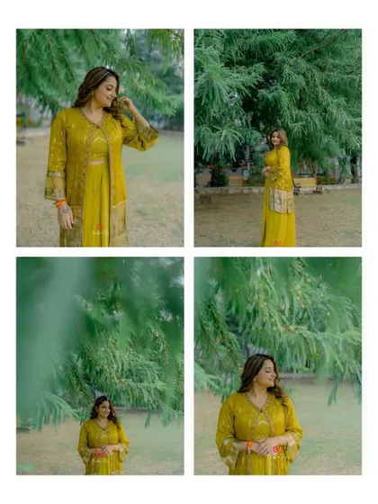 A collage of the bride during her Haldi festivities, capturing her in a serene green setting, looking happy and radiant.
