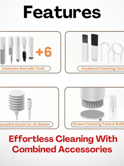 The combined accessories of the cleaning kit offer effortless cleaning. It includes extension rods, screen cleaning tools, and replaceable nozzles.
