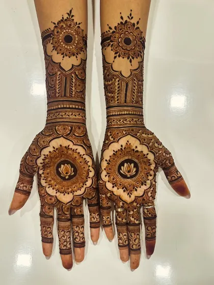 The front view of the symmetrical design on my hands, with a lotus mandala at the center of the palm.