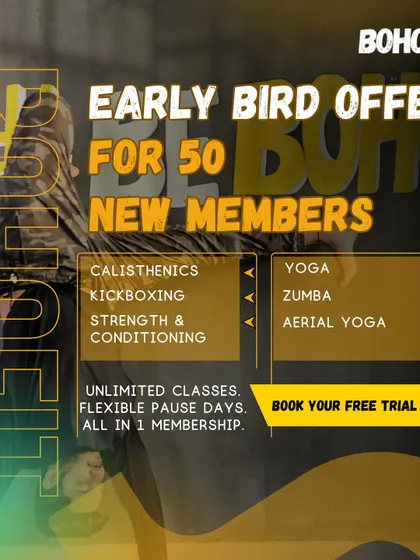 Our early bird offer for the new HSR center is here. Get unlimited classes including Calisthenics, Kickboxing, S&C, Yoga, and Aerial Yoga, all in one membership.