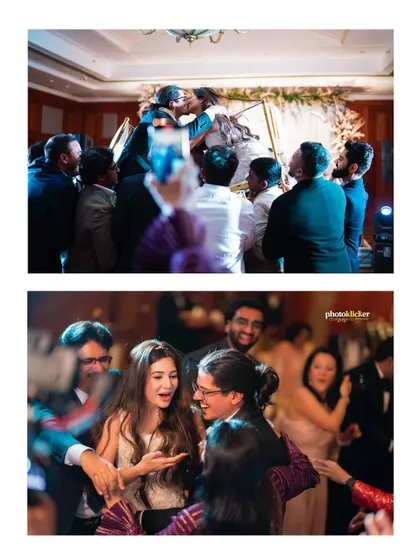 The newly married couple is lifted by their friends in celebration, followed by a candid moment of joy on the dance floor.