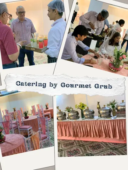 A collage showing various elements of our service, from the seating arrangement and buffet line to our staff serving welcome drinks.