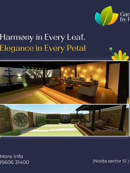 This design collage illustrates our principle of finding harmony in every leaf and elegance in every petal. It combines a serene water feature with a cozy, well-lit indoor-outdoor lounge area for our Noida Sector 51 concept.