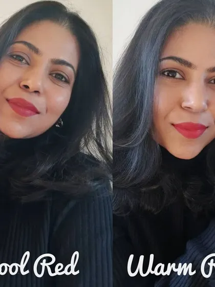 Choosing the right shade of red lipstick can completely change your look. Notice how the warm red on the right brightens my skin tone, while the cool red on the left does nothing for me. Understanding your personal coloring is key.