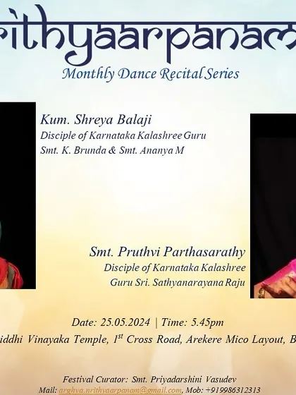The poster for my performance in the 'Nrithyaarpanam' monthly dance series. I regularly perform at various venues, keeping the tradition of live recitals alive.