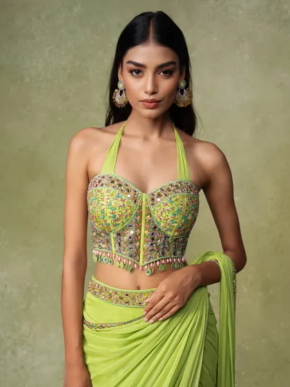 A modern and stylish ethnic look for a brand campaign. The halter neck top and pre-draped saree are showcased with clean, commercial lighting.