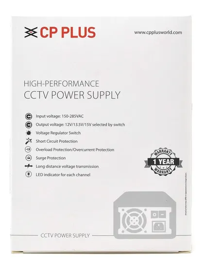 The official packaging for the CP Plus high-performance CCTV power supply. It highlights key features like short circuit protection, overload protection, and a 1-year warranty, which I pass on to you.