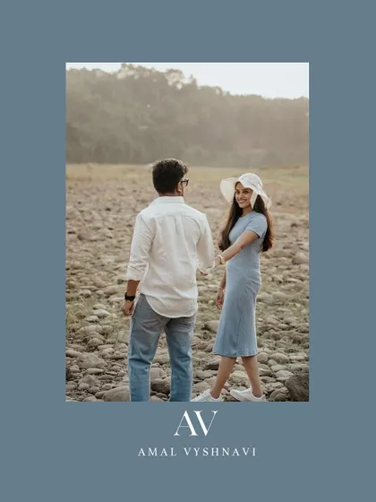 A "follow me" style shot of a couple on a rocky shore, personalized with their initials.