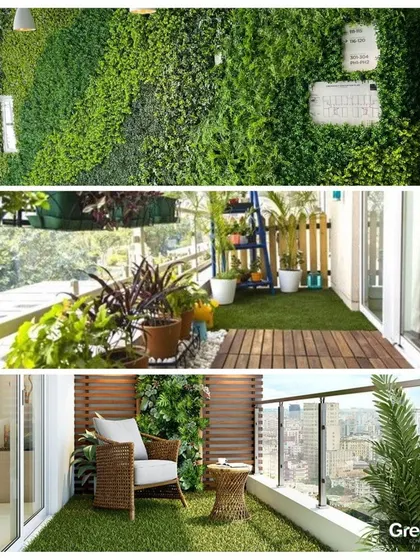 A collage of my landscaping services, including vertical gardens, balcony makeovers with artificial grass, and more. I offer a one-stop solution for all your green space needs.