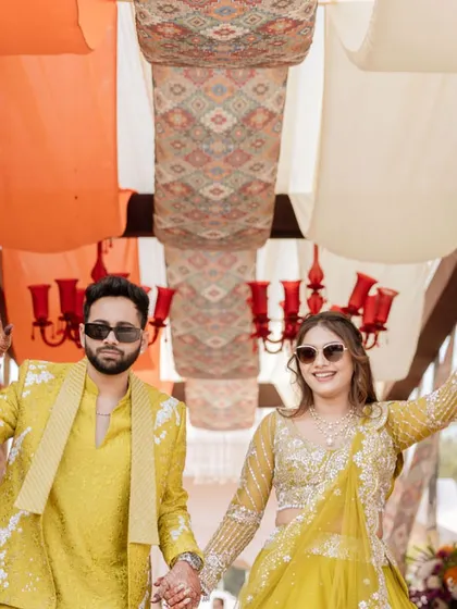 The happy couple making their grand entrance at the carnival.