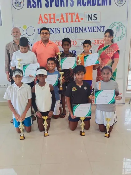 The prize winners at the Ash Sports Academy AITA NS tournament, where our player Eshitha was the doubles finalist.