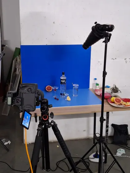 Our overhead camera setup for the Husky Vodka shoot, showing the arrangement of props on the table below.