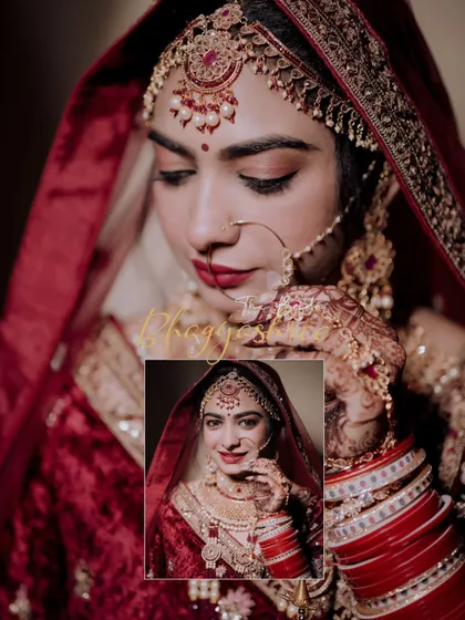 A creative bridal portrait of Bhagyashree, combining a larger, emotive shot with a smaller, smiling inset. This collage highlights the intricate details of her red lehenga and jewelry.