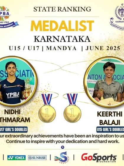 Gold medalists Nidhi Athmaram (U17 GD) and Keerthi Balaji (U15 GD) from the Mandya State Ranking tournament.